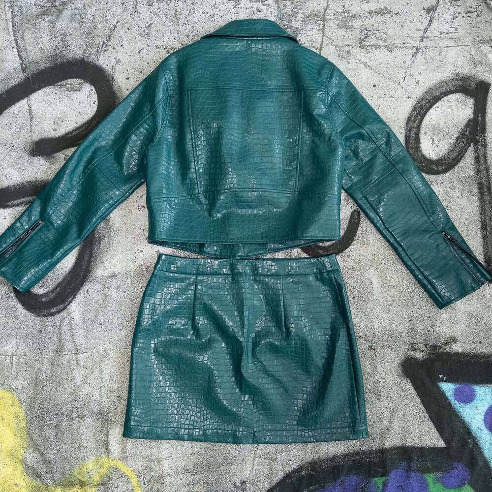 Modcloth Crocodile Rock Moto‎ Jacket & Mini Skirt, Faux Leather, Teal - Picture 3 of 8